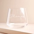 Personalised Script Name Whisky Glass empty against beige backdrop