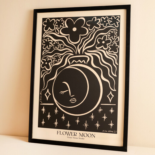 Nima Nima Studio Flower Moon A3 Print in frame against beige coloured background