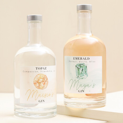 Personalised 500ml Birthstone Gins Personalised 500ml Birthstone Gins in house and pink against beige backdrop
