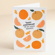 Ohh Deer Main Squeeze Oranges Anniversary Card standing against beige backdrop