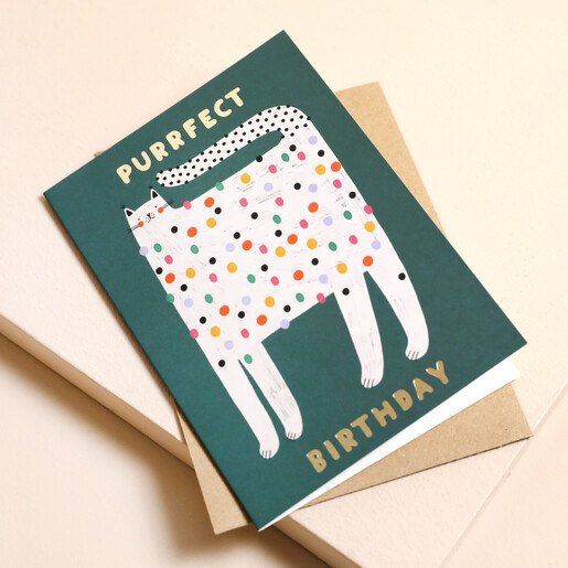 Ohh Deer Purrfect Cat Birthday Card on top of envelope 