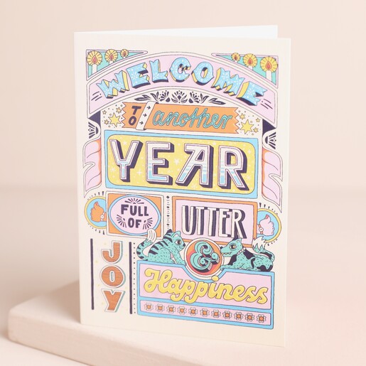 Ohh Deer Another Year Full Of Happiness Greeting Card on Beige Background
