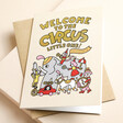 Ohh Deer Welcome to the Circus New Baby Card on top of brown kraft envelope
