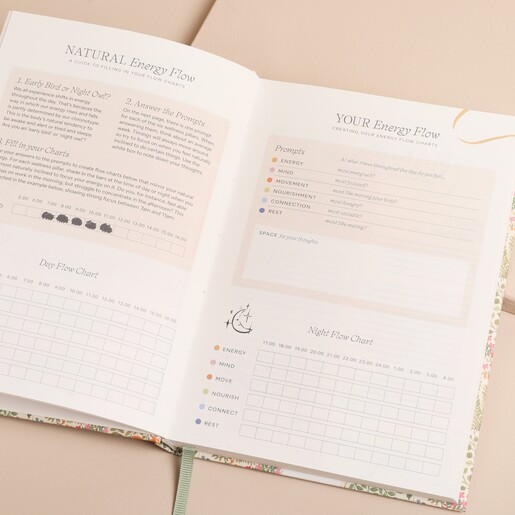 Papier Fairy Flies Wellness Journal open showing inside pages against neutral backdrop