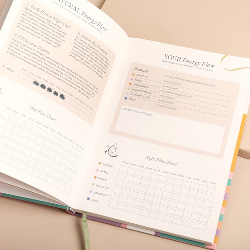 Papier Happy Stripes Wellness Journal open showing inside pages against beige coloured backdrop