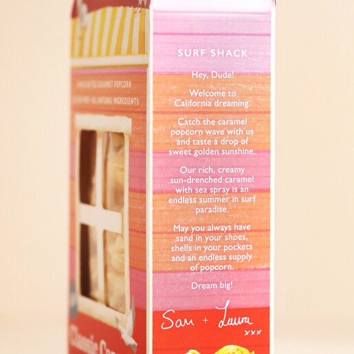 Side of Popcorn Shed Classic Caramel Gourmet Popcorn packaging