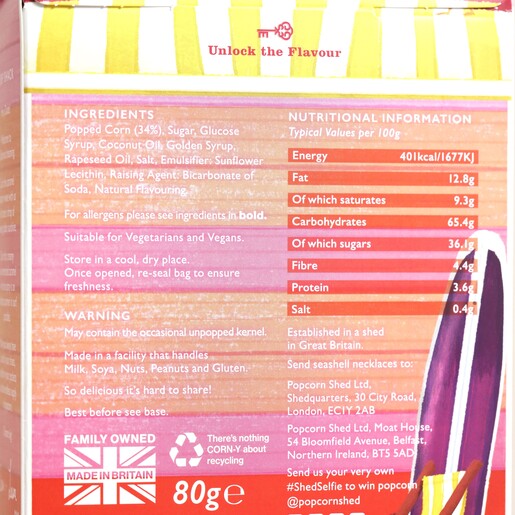 Back of Popcorn Shed Classic Caramel Gourmet Popcorn packaging showing ingredients