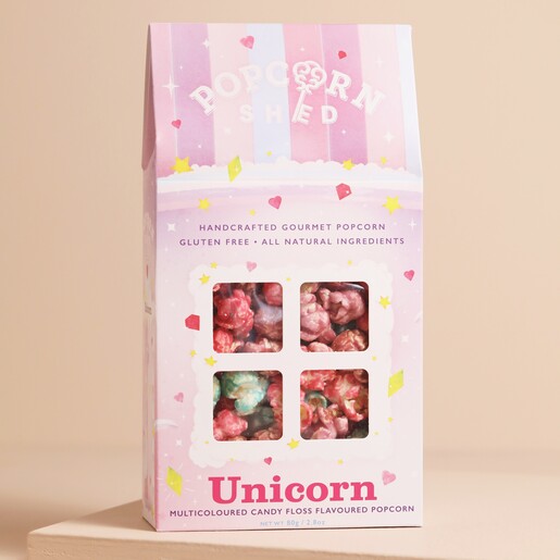 Popcorn Shed Unicorn Gourmet Popcorn against beige coloured backdrop
