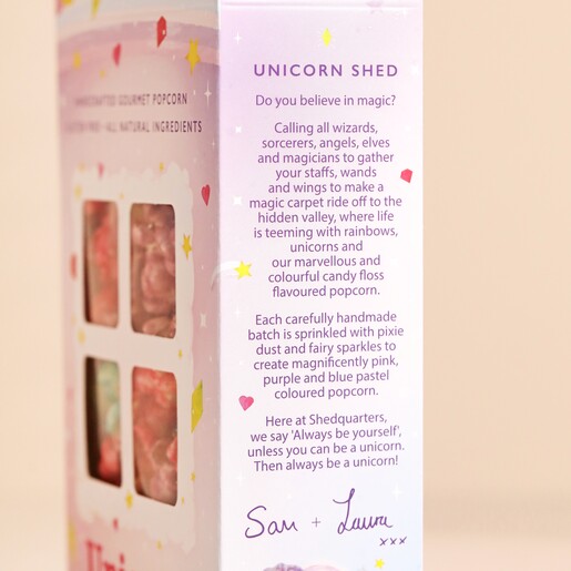 Side of Popcorn Shed Unicorn Gourmet Popcorn packaging