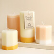 The Recycled Candle Company Ginger and Lime Pillar Candle with other candles against beige coloured backdrop