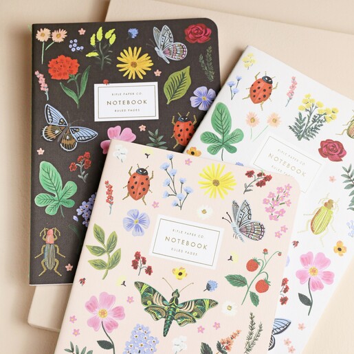 Rifle Paper Co. Set of 3 Curio Notebooks spread out on top of beige coloured backdrop