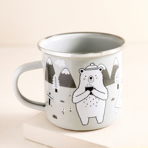 Sass & Belle Bear Adventure Enamel Mug against beige background