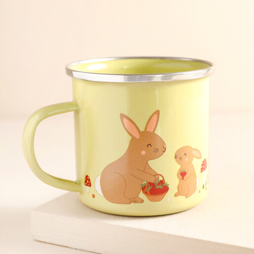 Other side of Sass & Belle Garden Friends Enamel Mug against neutral background