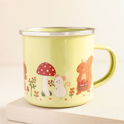Sass & Belle Garden Friends Enamel Mug against beige coloured background