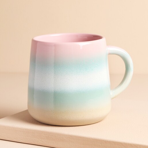 Sass & Belle Mojave Glaze Pink and Blue Mug on Pink Surface