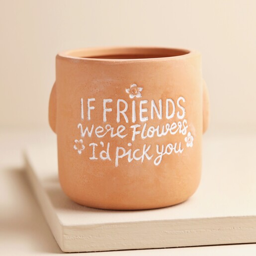 Back of If Friends Were Flowers Sitting Planter on Beige Platform