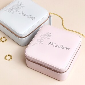 Personalised Birth Flower Square Travel Jewellery Case