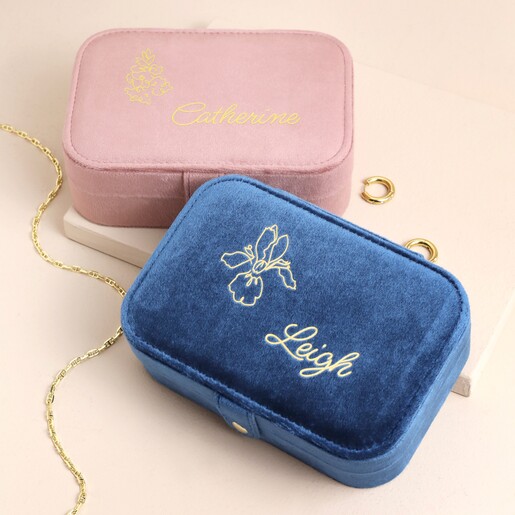 Personalised Birth Flower Velvet Rectangular Travel Jewellery Case Personalised Birth Flower Velvet Rectangular Travel Jewellery Case