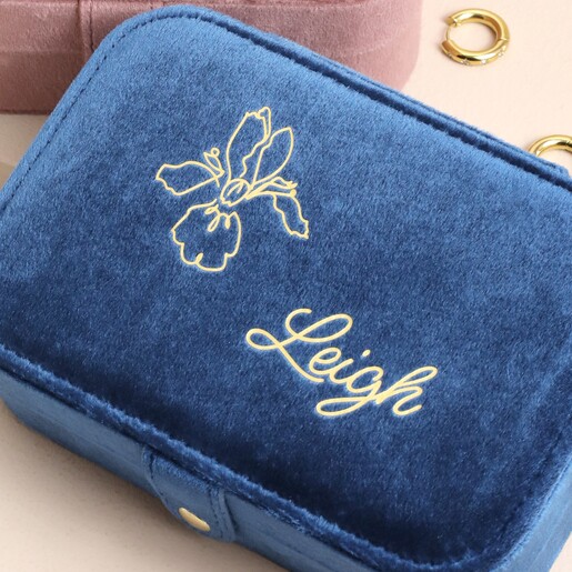 Personalised Birth Flower Velvet Rectangular Travel Jewellery Case Personalised Birth Flower Velvet Rectangular Travel Jewellery Case