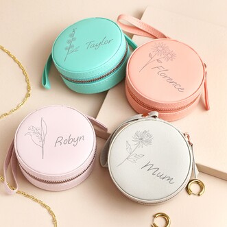 Personalised Birth Flower Mini Round Travel Jewellery Case