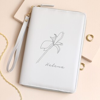 Personalised Birth Flower Travel Jewellery Wallet in Grey
