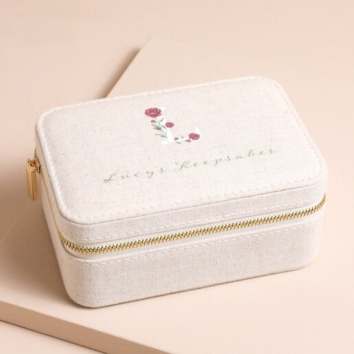 Personalised Floral Initial Linen Jewellery Case on Beige Surface