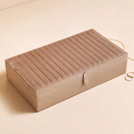 Quilted Velvet Large Jewellery Box in Taupe