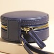Close up of zip on Mini Round Travel Jewellery Case in Navy