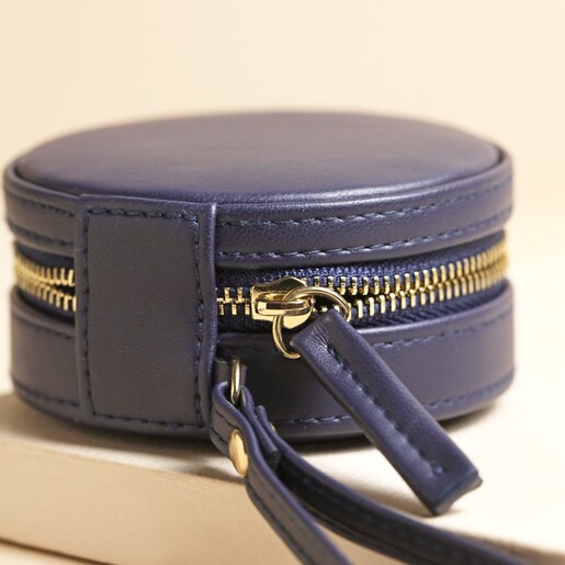 Close Up of Zip Close up of zip on Mini Round Travel Jewellery Case in Navy