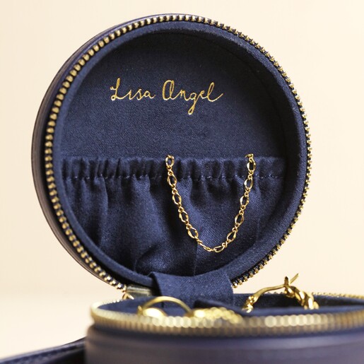 Case Open Mini Round Travel Jewellery Case in Navy open against beige coloured backdrop