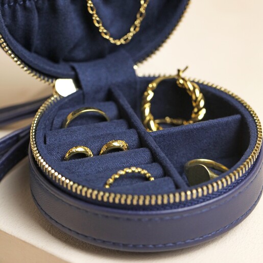 Inside of Case Inside of Mini Round Travel Jewellery Case in Navy against beige background