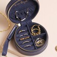 Personalised Mini Round Birth Flower Travel Jewellery Case with Gold Zip in Navy