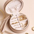 Inside Personalised Name Mini Round Travel Jewellery Case in Mocha with Compartments