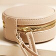 Close up of zip on Mini Round Travel Jewellery Case in Mocha 