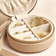 Mini Round Travel Jewellery Case in Mocha open showing compartments