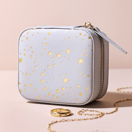 Grey with Gold Stars & Lilac Small Square Travel Jewellery Case