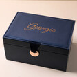 Personalised Navy Two Tier Jewellery Box on Beige Surface 