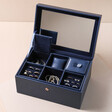 Open Personalised Navy Two Tier Jewellery Box on Beige Surface