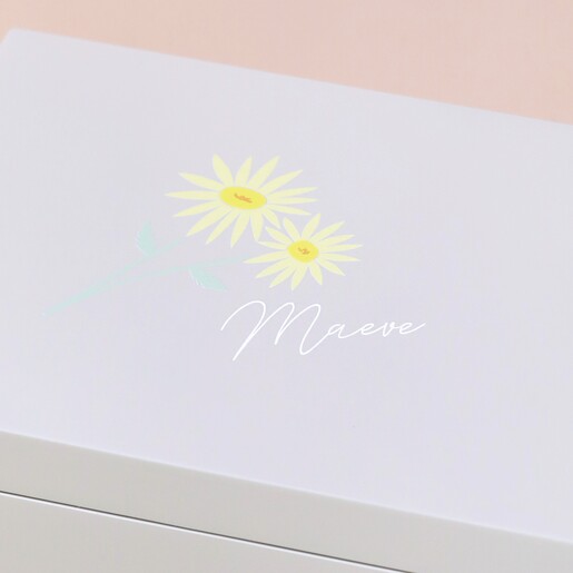 Close Up Close up of personalisation on Personalised Birth Flower Jewellery Box with Pull Drawers