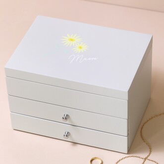 Personalised Birth Flower Grey Jewellery Box with Pull Drawers