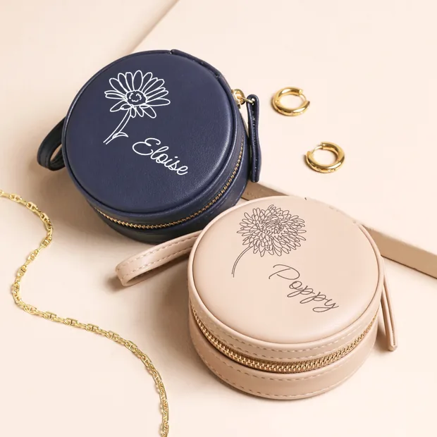 Personalised Mini Round Birth Flower Travel Jewellery Case with Gold Zip Personalised Mini Round Birth Flower Travel Jewellery Case with Gold Zip