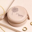 Personalised Mini Round Birth Flower Travel Jewellery Case with Gold Zip in Beige