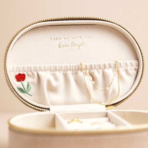 Personalised Embroidered Flowers Oval Velvet Jewellery Case open showing elasticated necklace pouch