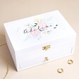 Personalised Flowers White Embroidered Jewellery Box on Beige Background