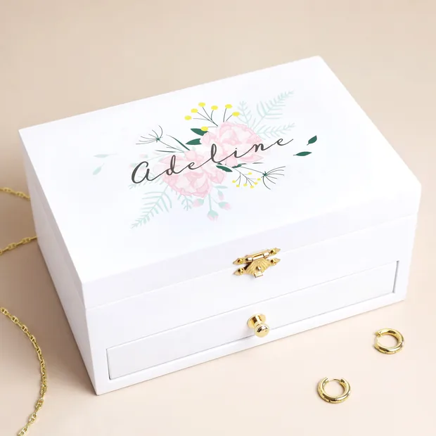 Personalised Flowers White Embroidered Interior Jewellery Box Personalised Flowers White Embroidered Interior Jewellery Box