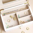 Inside the Base of Personalised Flowers White Embroidered Jewellery Box on Beige Background