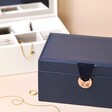 Personalised Initials Two Tier Jewellery Box with navy in foreground and white in background open with jewellery inside