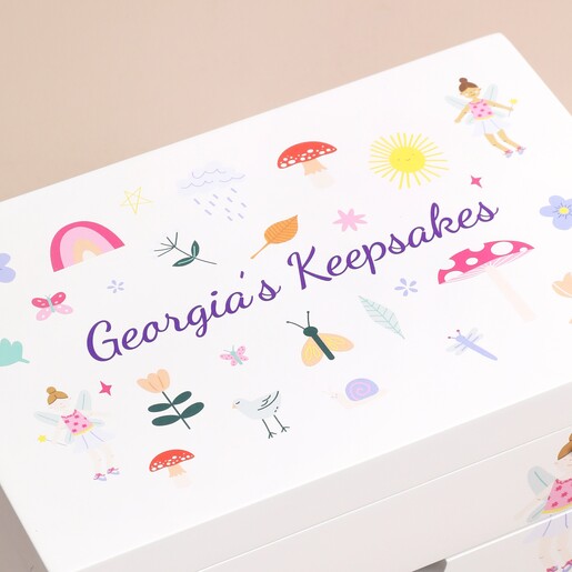 Close up of top of Personalised Fairy Keepsake White Wooden Jewellery Box