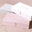 Personalised Large Jewellery Boxes in white, pink and grey stacked against beige backdrop