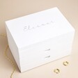 Personalised Name White Jewellery Box with Drawers on Beige Background